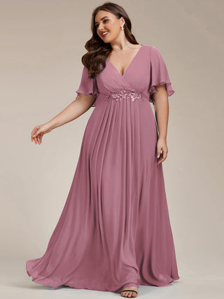 Short Sleeve Ruffle Appliques Deep V-Neck A-Line Floor Length Evening Dresses