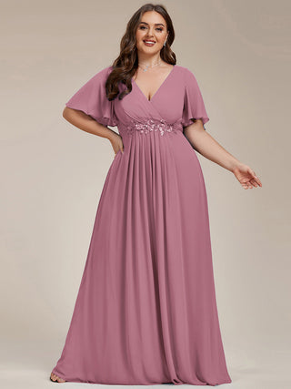 Short Sleeve Ruffle Appliques Deep V-Neck A-Line Floor Length Evening Dresses