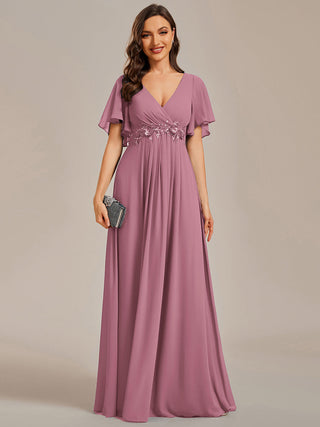 Short Sleeve Ruffle Appliques Deep V-Neck A-Line Floor Length Evening Dresses
