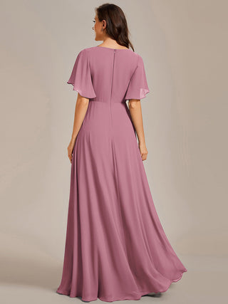 Short Sleeve Ruffle Appliques Deep V-Neck A-Line Floor Length Evening Dresses