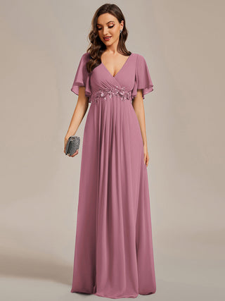 Short Sleeve Ruffle Appliques Deep V-Neck A-Line Floor Length Evening Dresses