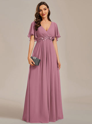 Short Sleeve Ruffle Appliques Deep V-Neck A-Line Floor Length Evening Dresses