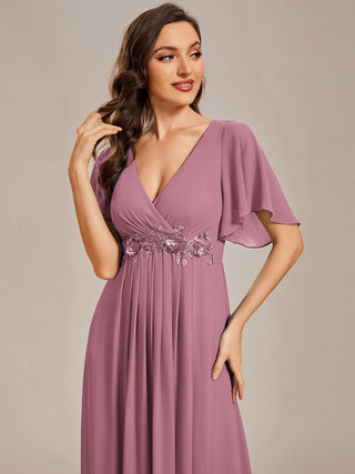 Short Sleeve Ruffle Appliques Deep V-Neck A-Line Floor Length Evening Dresses