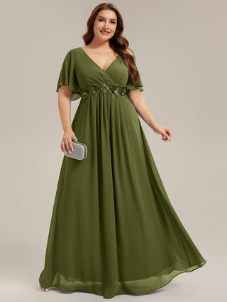 Short Sleeve Ruffle Appliques Deep V-Neck A-Line Floor Length Evening Dresses