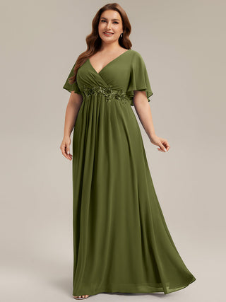 Short Sleeve Ruffle Appliques Deep V-Neck A-Line Floor Length Evening Dresses