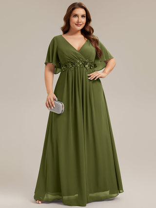 Short Sleeve Ruffle Appliques Deep V-Neck A-Line Floor Length Evening Dresses