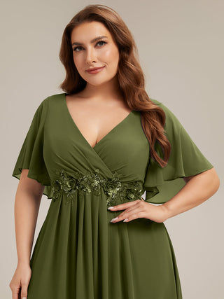 Short Sleeve Ruffle Appliques Deep V-Neck A-Line Floor Length Evening Dresses