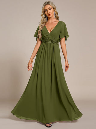 Short Sleeve Ruffle Appliques Deep V-Neck A-Line Floor Length Evening Dresses