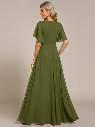 Short Sleeve Ruffle Appliques Deep V-Neck A-Line Floor Length Evening Dresses