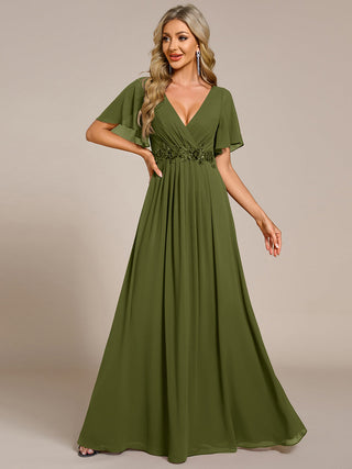 Short Sleeve Ruffle Appliques Deep V-Neck A-Line Floor Length Evening Dresses