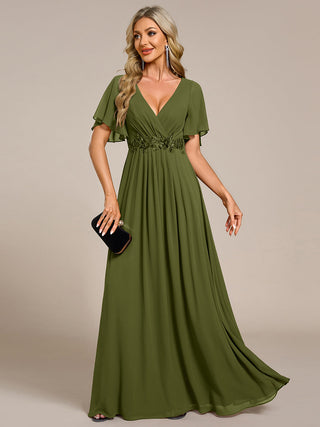 Short Sleeve Ruffle Appliques Deep V-Neck A-Line Floor Length Evening Dresses