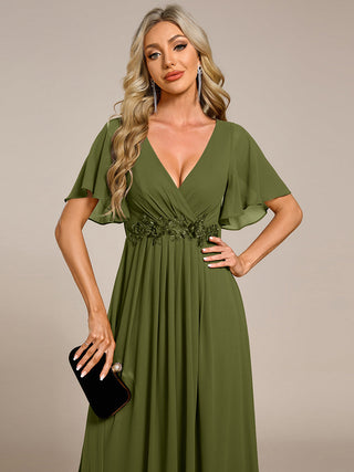 Short Sleeve Ruffle Appliques Deep V-Neck A-Line Floor Length Evening Dresses