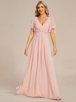 Short Sleeve Ruffle Appliques Deep V-Neck A-Line Floor Length Evening Dresses