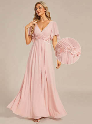 Short Sleeve Ruffle Appliques Deep V-Neck A-Line Floor Length Evening Dresses