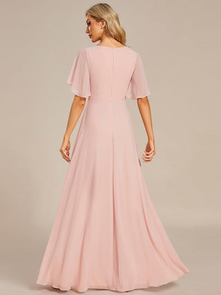 Short Sleeve Ruffle Appliques Deep V-Neck A-Line Floor Length Evening Dresses