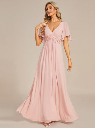 Short Sleeve Ruffle Appliques Deep V-Neck A-Line Floor Length Evening Dresses