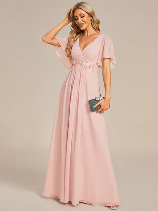 Short Sleeve Ruffle Appliques Deep V-Neck A-Line Floor Length Evening Dresses