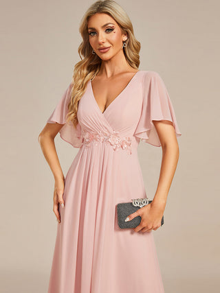Short Sleeve Ruffle Appliques Deep V-Neck A-Line Floor Length Evening Dresses