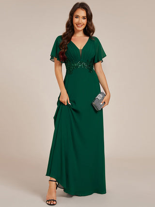 Elegant Ruffles Sleeve Chiffon Evening Dresses with Pleated Applique Decoration