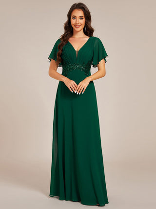 Elegant Ruffles Sleeve Chiffon Evening Dresses with Pleated Applique Decoration
