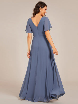 Elegant Ruffles Sleeve Chiffon Evening Dresses with Pleated Applique Decoration