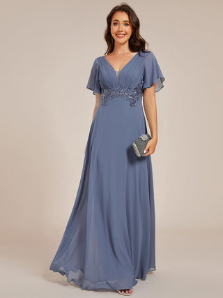 Elegant Ruffles Sleeve Chiffon Evening Dresses with Pleated Applique Decoration