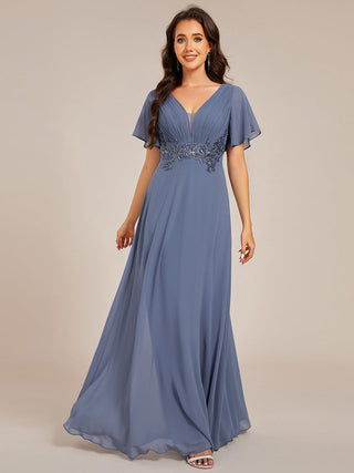 Elegant Ruffles Sleeve Chiffon Evening Dresses with Pleated Applique Decoration