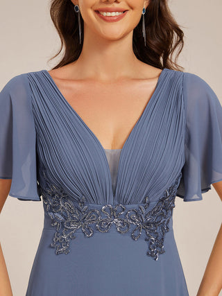 Elegant Ruffles Sleeve Chiffon Evening Dresses with Pleated Applique Decoration