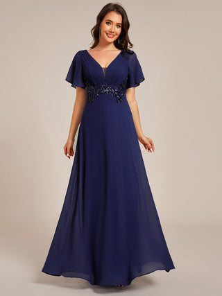 Elegant Ruffles Sleeve Chiffon Evening Dresses with Pleated Applique Decoration