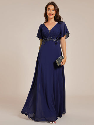 Elegant Ruffles Sleeve Chiffon Evening Dresses with Pleated Applique Decoration