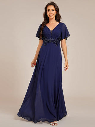 Elegant Ruffles Sleeve Chiffon Evening Dresses with Pleated Applique Decoration