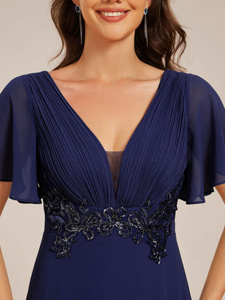 Elegant Ruffles Sleeve Chiffon Evening Dresses with Pleated Applique Decoration