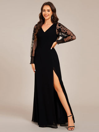 Elegant Embroidery See-Through Design Long Sleeves Floor Length Side Split Hem Chiffon Evening Dresses