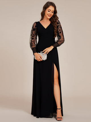 Elegant Embroidery See-Through Design Long Sleeves Floor Length Side Split Hem Chiffon Evening Dresses
