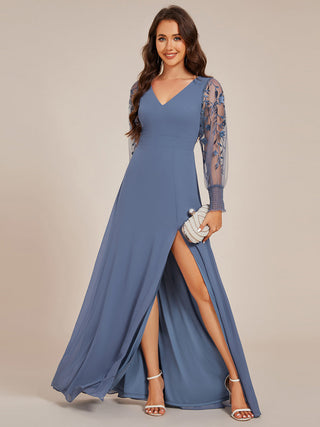 Elegant Embroidery See-Through Design Long Sleeves Floor Length Side Split Hem Chiffon Evening Dresses