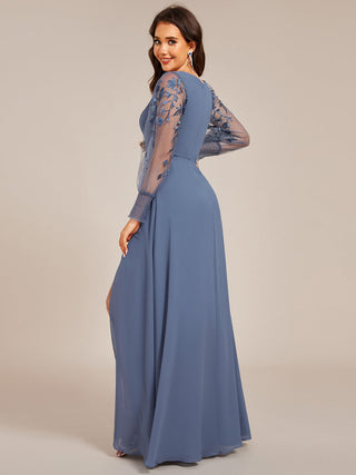 Elegant Embroidery See-Through Design Long Sleeves Floor Length Side Split Hem Chiffon Evening Dresses