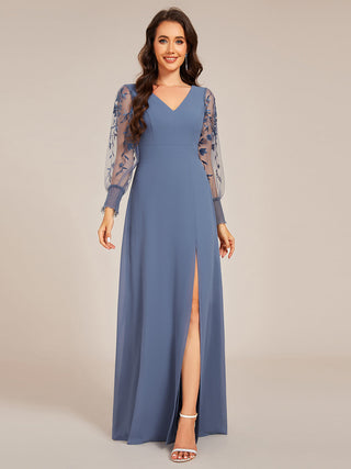 Elegant Embroidery See-Through Design Long Sleeves Floor Length Side Split Hem Chiffon Evening Dresses