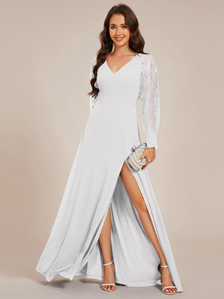 Elegant Embroidery See-Through Design Long Sleeves Floor Length Side Split Hem Chiffon Evening Dresses