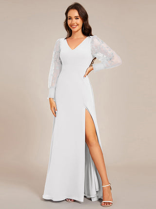 Elegant Embroidery See-Through Design Long Sleeves Floor Length Side Split Hem Chiffon Evening Dresses