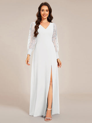Elegant Embroidery See-Through Design Long Sleeves Floor Length Side Split Hem Chiffon Evening Dresses