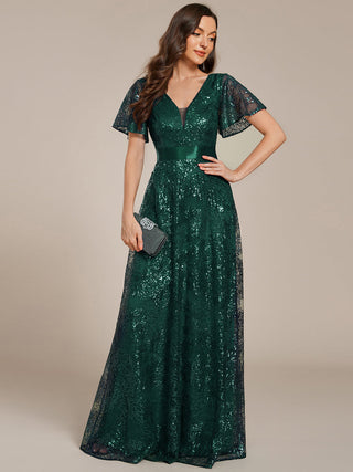 Exquisite Sequin Paillette Embroidery Evening Dresses with Ruffles Sleeve