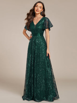 Exquisite Sequin Paillette Embroidery Evening Dresses with Ruffles Sleeve