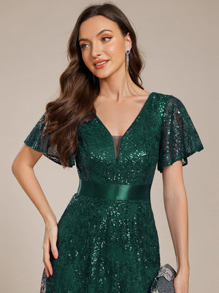 Exquisite Sequin Paillette Embroidery Evening Dresses with Ruffles Sleeve