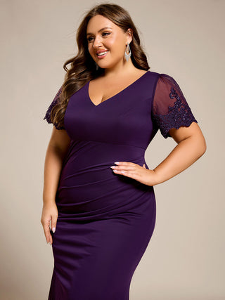 Plus Size Short Sleeve V-Neck Fishtail Dress with Bead Detail Formal Evening Dress