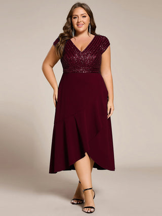 Asymmetrical Hem Short Sleeve V-Neck Formal Evening Dress with Paillette Detail