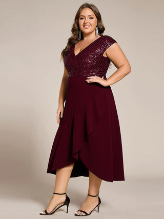 Asymmetrical Hem Short Sleeve V-Neck Formal Evening Dress with Paillette Detail