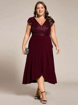 Asymmetrical Hem Short Sleeve V-Neck Formal Evening Dress with Paillette Detail