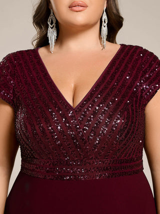 Asymmetrical Hem Short Sleeve V-Neck Formal Evening Dress with Paillette Detail