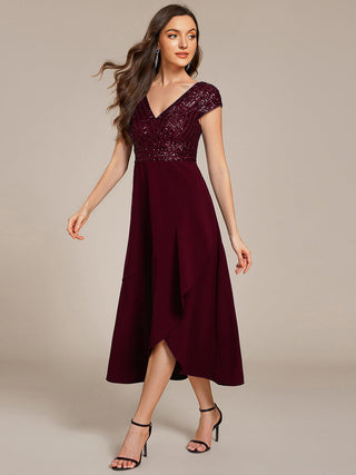Asymmetrical Hem Short Sleeve V-Neck Formal Evening Dress with Paillette Detail