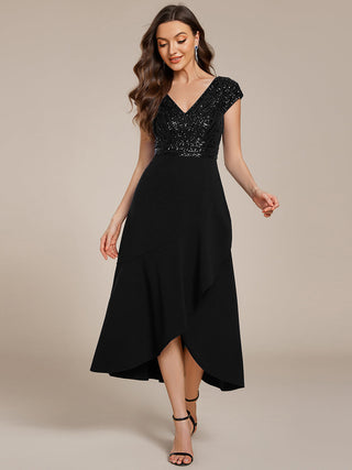 Asymmetrical Hem Short Sleeve V-Neck Formal Evening Dress with Paillette Detail
